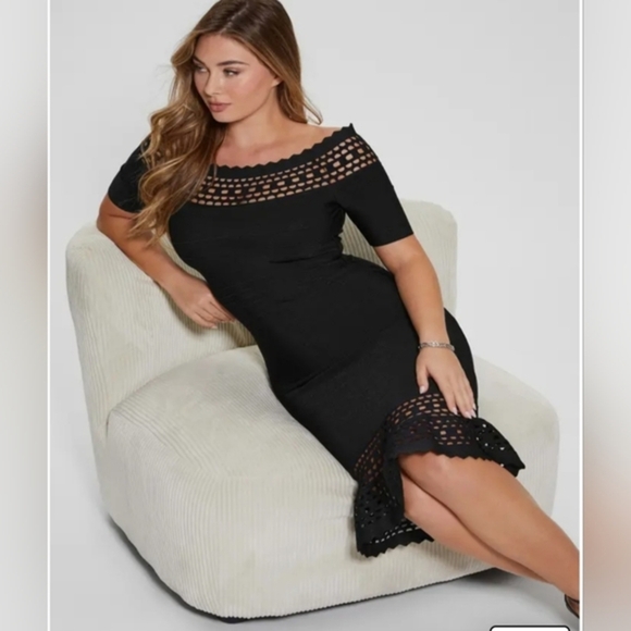 GUESS Gabriela Black peplum hem Bodycon Bandage Midi Dress size Small new - Picture 4 of 8